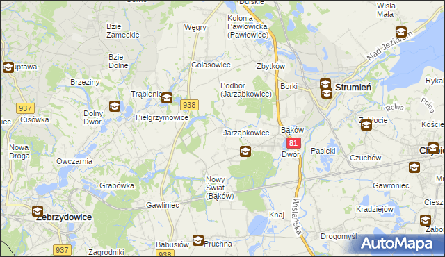mapa Jarząbkowice gmina Pawłowice, Jarząbkowice gmina Pawłowice na mapie Targeo