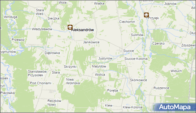 mapa Justynów gmina Aleksandrów, Justynów gmina Aleksandrów na mapie Targeo