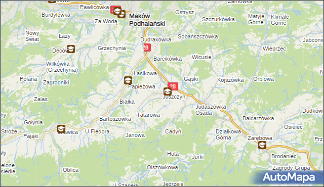 mapa Juszczyn gmina Maków Podhalański, Juszczyn gmina Maków Podhalański na mapie Targeo
