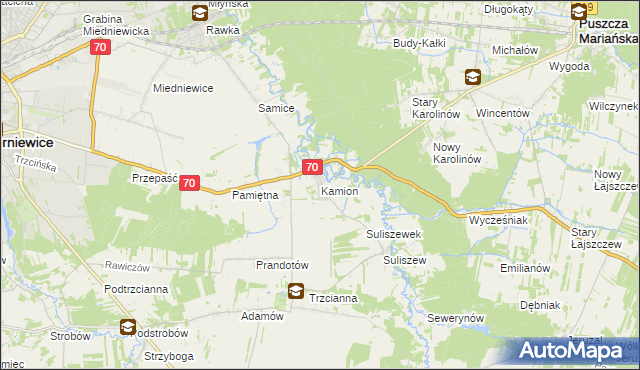 mapa Kamion gmina Puszcza Mariańska, Kamion gmina Puszcza Mariańska na mapie Targeo