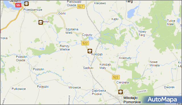 mapa Kołoząb gmina Mikołajki Pomorskie, Kołoząb gmina Mikołajki Pomorskie na mapie Targeo