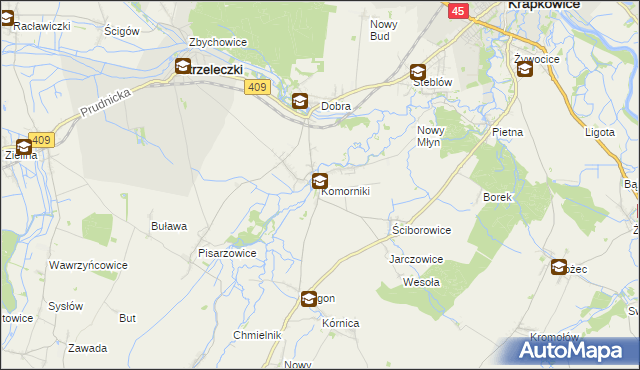mapa Komorniki gmina Strzeleczki, Komorniki gmina Strzeleczki na mapie Targeo