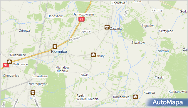 mapa Konary gmina Kłomnice, Konary gmina Kłomnice na mapie Targeo