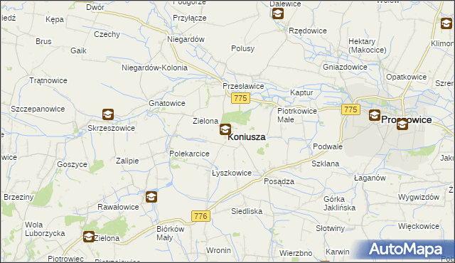 mapa Koniusza powiat proszowicki, Koniusza powiat proszowicki na mapie Targeo