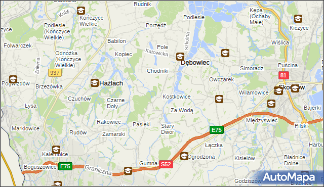 mapa Kostkowice gmina Dębowiec, Kostkowice gmina Dębowiec na mapie Targeo