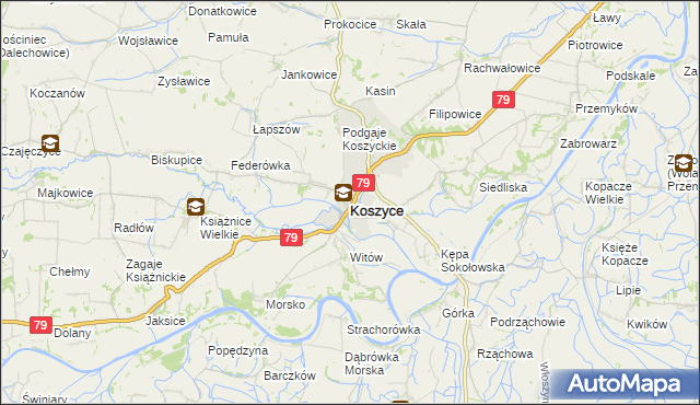 mapa Koszyce powiat proszowicki, Koszyce powiat proszowicki na mapie Targeo