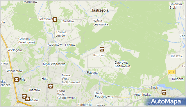 mapa Kozłów gmina Jastrzębia, Kozłów gmina Jastrzębia na mapie Targeo