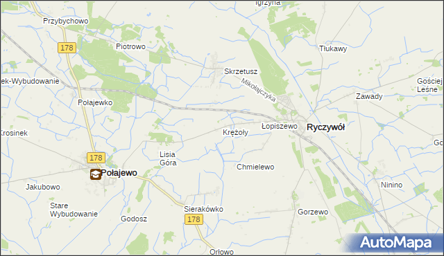 mapa Krężoły gmina Ryczywół, Krężoły gmina Ryczywół na mapie Targeo