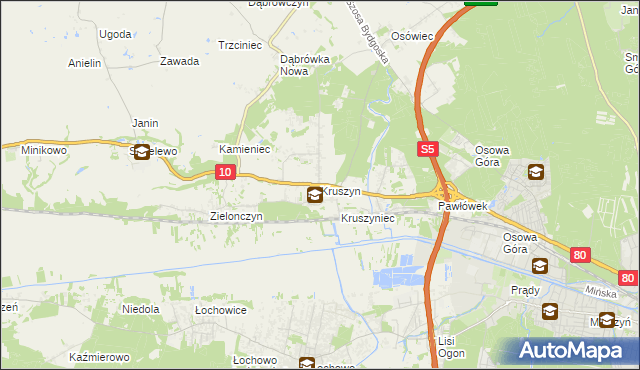 mapa Kruszyn gmina Sicienko, Kruszyn gmina Sicienko na mapie Targeo