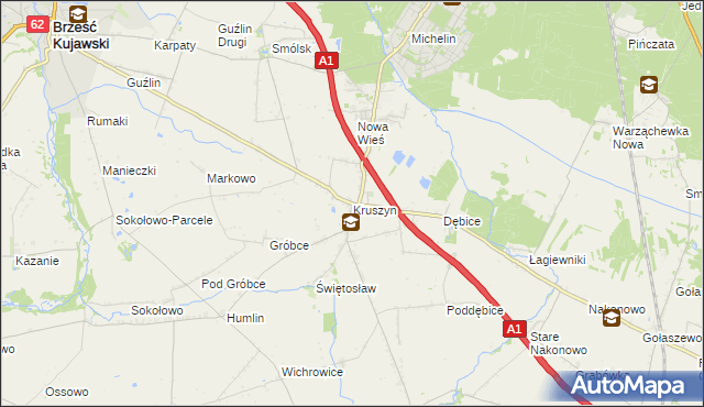 mapa Kruszyn gmina Włocławek, Kruszyn gmina Włocławek na mapie Targeo