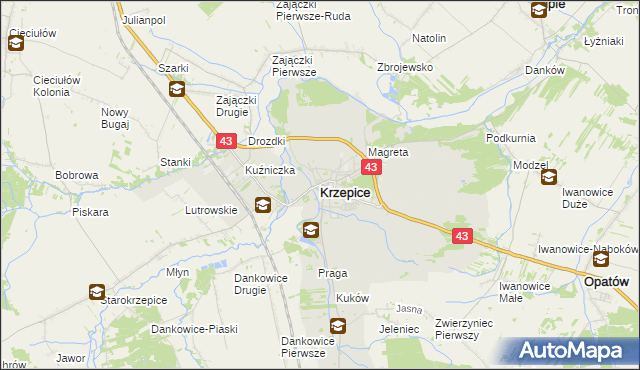 mapa Krzepice powiat kłobucki, Krzepice powiat kłobucki na mapie Targeo