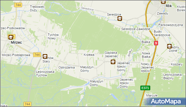 mapa Krzewa gmina Mirzec, Krzewa gmina Mirzec na mapie Targeo