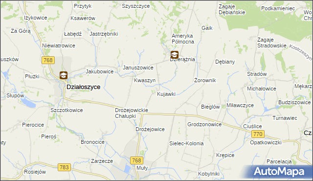 mapa Kujawki gmina Działoszyce, Kujawki gmina Działoszyce na mapie Targeo