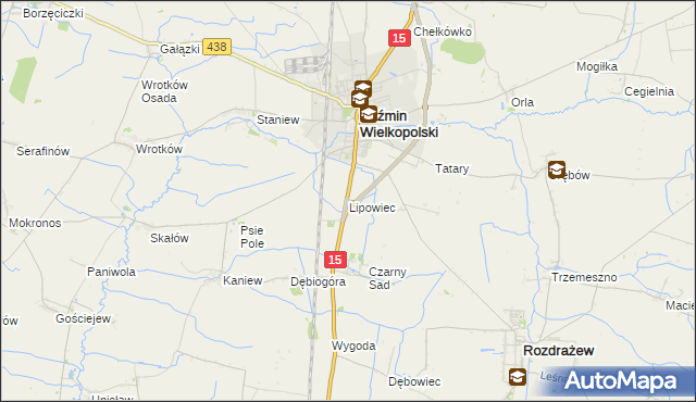 mapa Lipowiec gmina Koźmin Wielkopolski, Lipowiec gmina Koźmin Wielkopolski na mapie Targeo