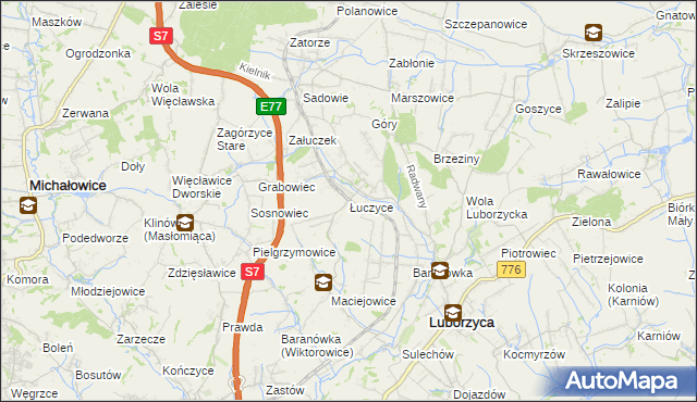 mapa Łuczyce gmina Kocmyrzów-Luborzyca, Łuczyce gmina Kocmyrzów-Luborzyca na mapie Targeo
