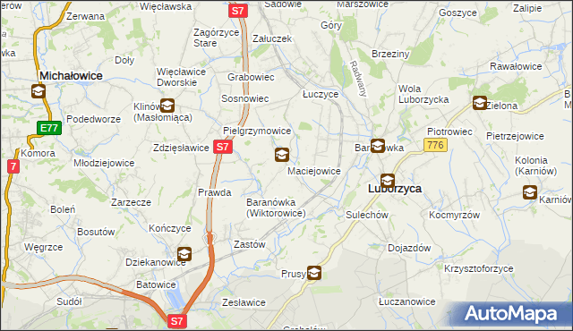 mapa Maciejowice gmina Kocmyrzów-Luborzyca, Maciejowice gmina Kocmyrzów-Luborzyca na mapie Targeo
