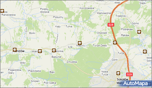 mapa Mazury gmina Raniżów, Mazury gmina Raniżów na mapie Targeo