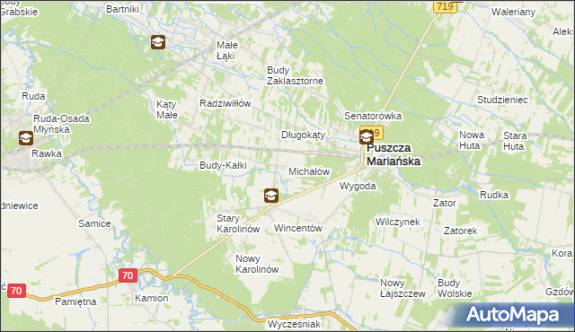 mapa Michałów gmina Puszcza Mariańska, Michałów gmina Puszcza Mariańska na mapie Targeo