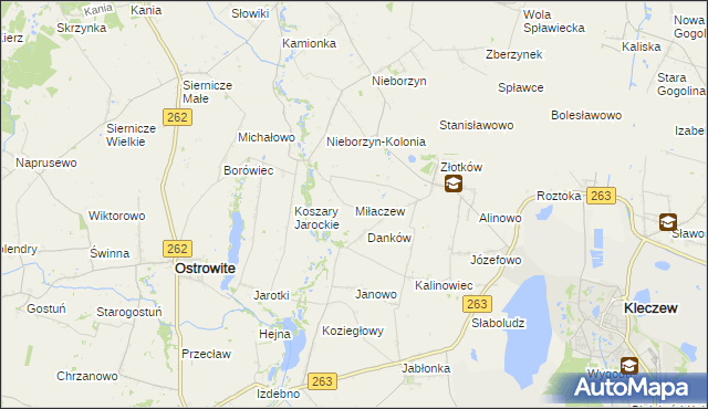 mapa Miłaczew gmina Kleczew, Miłaczew gmina Kleczew na mapie Targeo