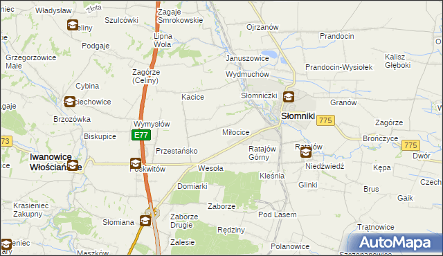 mapa Miłocice gmina Słomniki, Miłocice gmina Słomniki na mapie Targeo