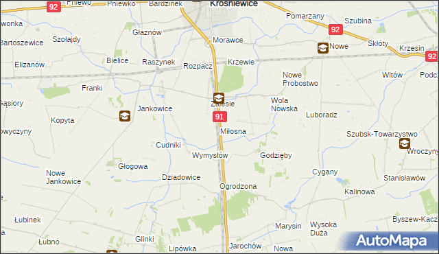 mapa Miłosna gmina Krośniewice, Miłosna gmina Krośniewice na mapie Targeo