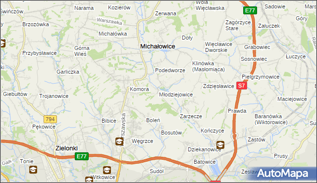mapa Młodziejowice gmina Michałowice, Młodziejowice gmina Michałowice na mapie Targeo
