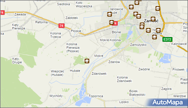mapa Mokre gmina Zamość, Mokre gmina Zamość na mapie Targeo