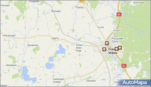 mapa Nowa Wieś Mała gmina Dobre Miasto, Nowa Wieś Mała gmina Dobre Miasto na mapie Targeo