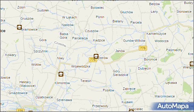 mapa Ostrów gmina Proszowice, Ostrów gmina Proszowice na mapie Targeo