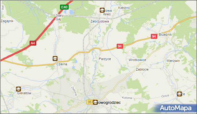mapa Parzyce gmina Nowogrodziec, Parzyce gmina Nowogrodziec na mapie Targeo