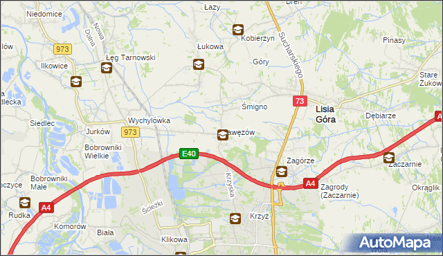mapa Pawęzów gmina Lisia Góra, Pawęzów gmina Lisia Góra na mapie Targeo