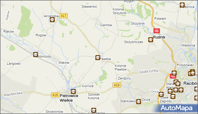 mapa Pawłów gmina Pietrowice Wielkie, Pawłów gmina Pietrowice Wielkie na mapie Targeo