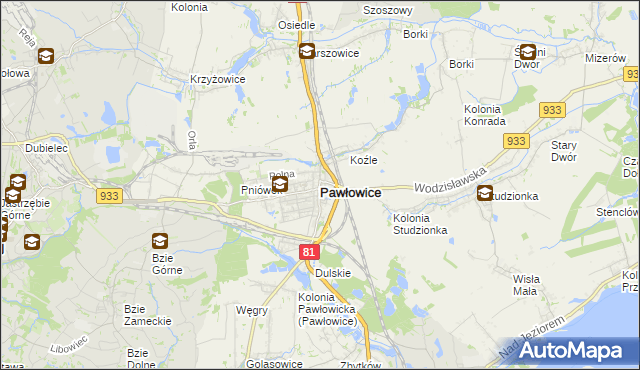 mapa Pawłowice powiat pszczyński, Pawłowice powiat pszczyński na mapie Targeo