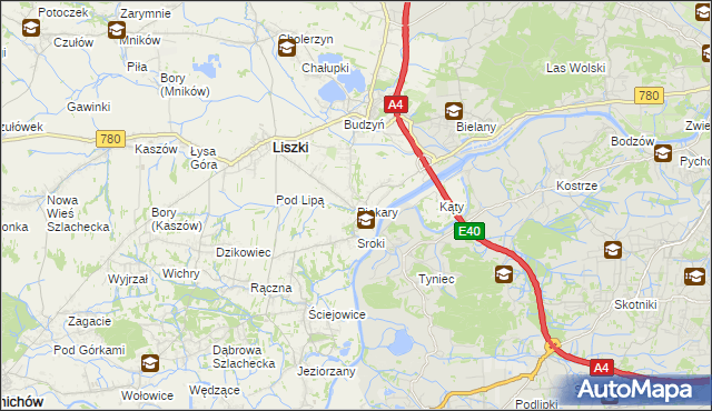 mapa Piekary gmina Liszki, Piekary gmina Liszki na mapie Targeo