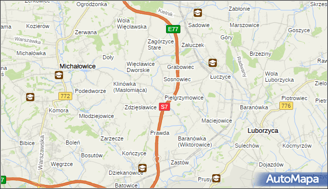 mapa Pielgrzymowice gmina Michałowice, Pielgrzymowice gmina Michałowice na mapie Targeo
