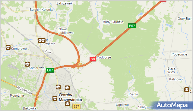 mapa Podborze gmina Ostrów Mazowiecka, Podborze gmina Ostrów Mazowiecka na mapie Targeo