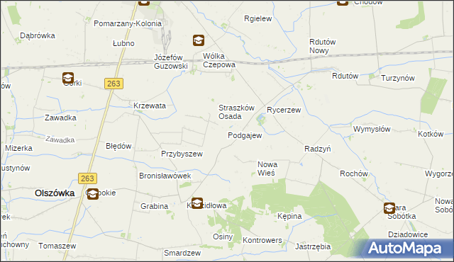 mapa Podgajew gmina Kłodawa, Podgajew gmina Kłodawa na mapie Targeo