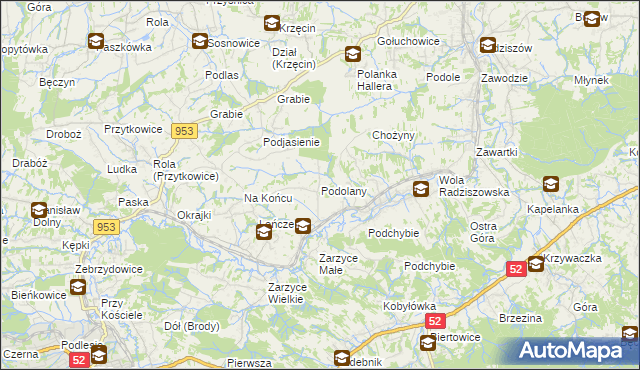 mapa Podolany gmina Kalwaria Zebrzydowska, Podolany gmina Kalwaria Zebrzydowska na mapie Targeo