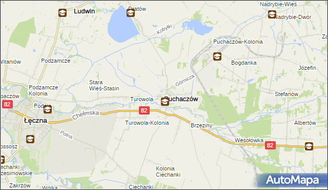 mapa Puchaczów powiat łęczyński, Puchaczów powiat łęczyński na mapie Targeo