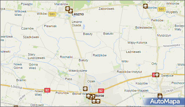 mapa Radzików gmina Błonie, Radzików gmina Błonie na mapie Targeo