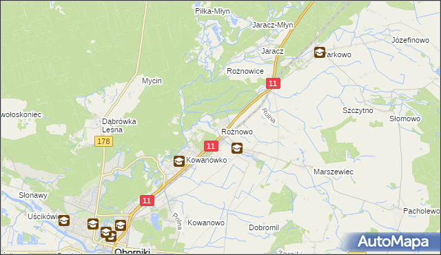 mapa Rożnowo gmina Oborniki, Rożnowo gmina Oborniki na mapie Targeo