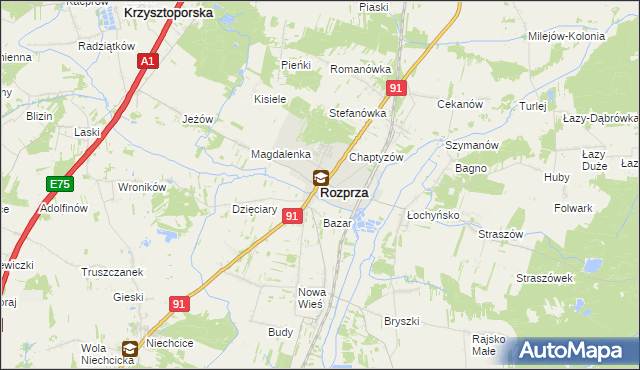 mapa Rozprza powiat piotrkowski, Rozprza powiat piotrkowski na mapie Targeo