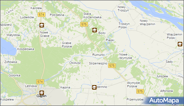 mapa Rumunki gmina Gąbin, Rumunki gmina Gąbin na mapie Targeo