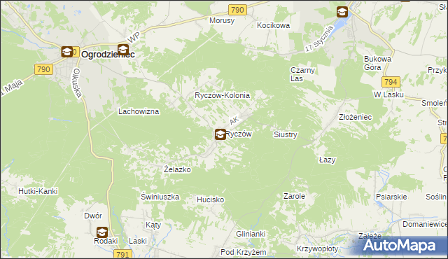 mapa Ryczów gmina Ogrodzieniec, Ryczów gmina Ogrodzieniec na mapie Targeo