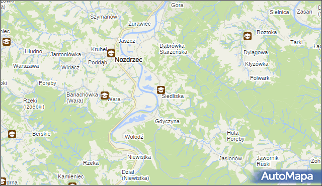 mapa Siedliska gmina Nozdrzec, Siedliska gmina Nozdrzec na mapie Targeo