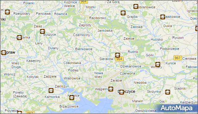 mapa Sieraków gmina Dobczyce, Sieraków gmina Dobczyce na mapie Targeo