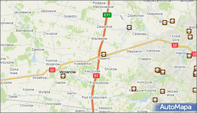 mapa Sławno gmina Wolanów, Sławno gmina Wolanów na mapie Targeo