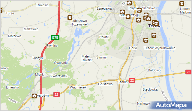 mapa Śliwiny gmina Tczew, Śliwiny gmina Tczew na mapie Targeo