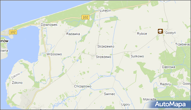 mapa Strzeżewo gmina Kamień Pomorski, Strzeżewo gmina Kamień Pomorski na mapie Targeo