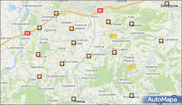 mapa Świebodzin gmina Pleśna, Świebodzin gmina Pleśna na mapie Targeo